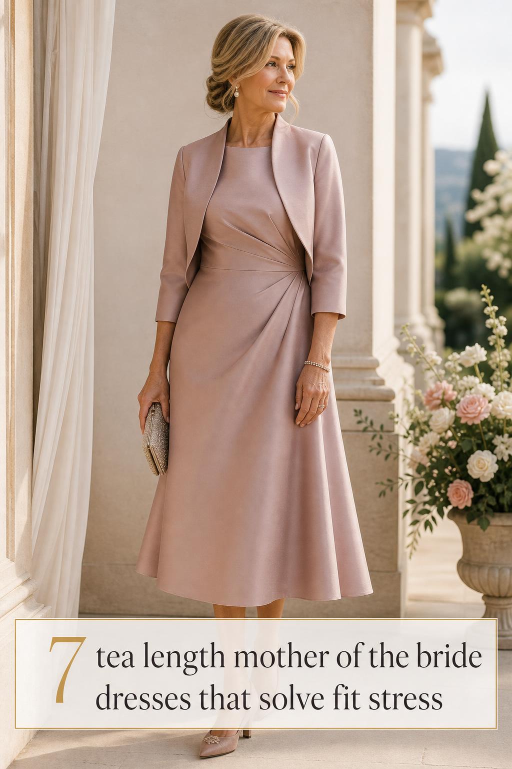 Elegant woman in her 50s wearing tea length mother of the bride dresses in dusty rose crepe with bolero in soft window light