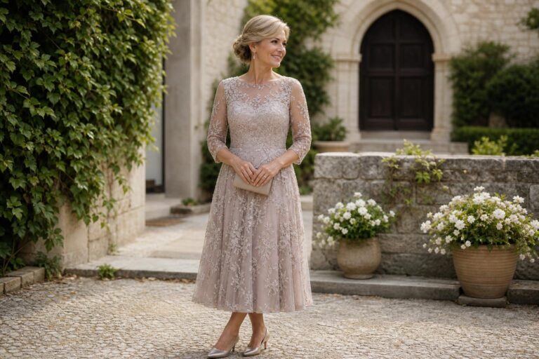 Elegant tea length mother of the bride dresses with lace bodice and chiffon skirt, photographed in soft garden light