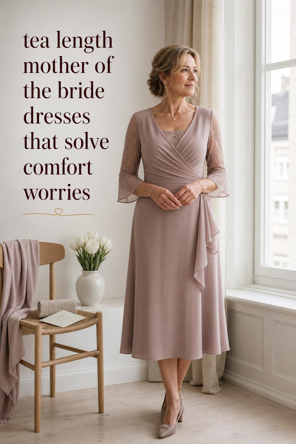 Tea length mother of the bride dresses in a Scandinavian bridal suite, elegant mature woman in dusty rose by a bright window
