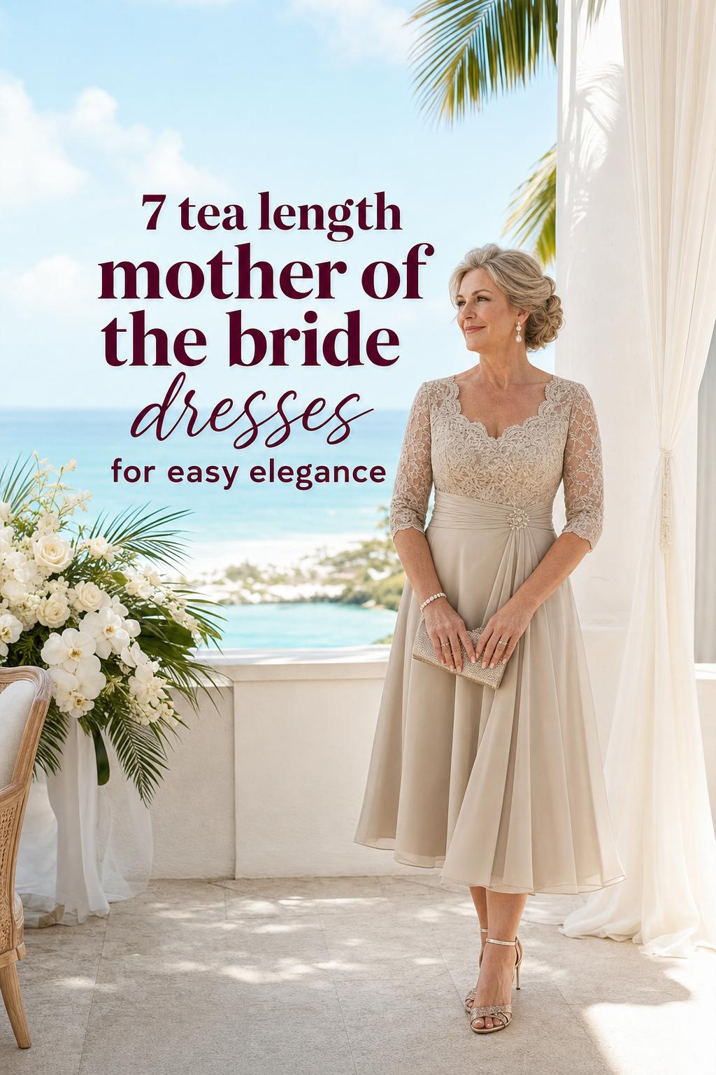 Tea length mother of the bride dresses in champagne, worn by a poised mother on a tropical oceanfront wedding terrace
