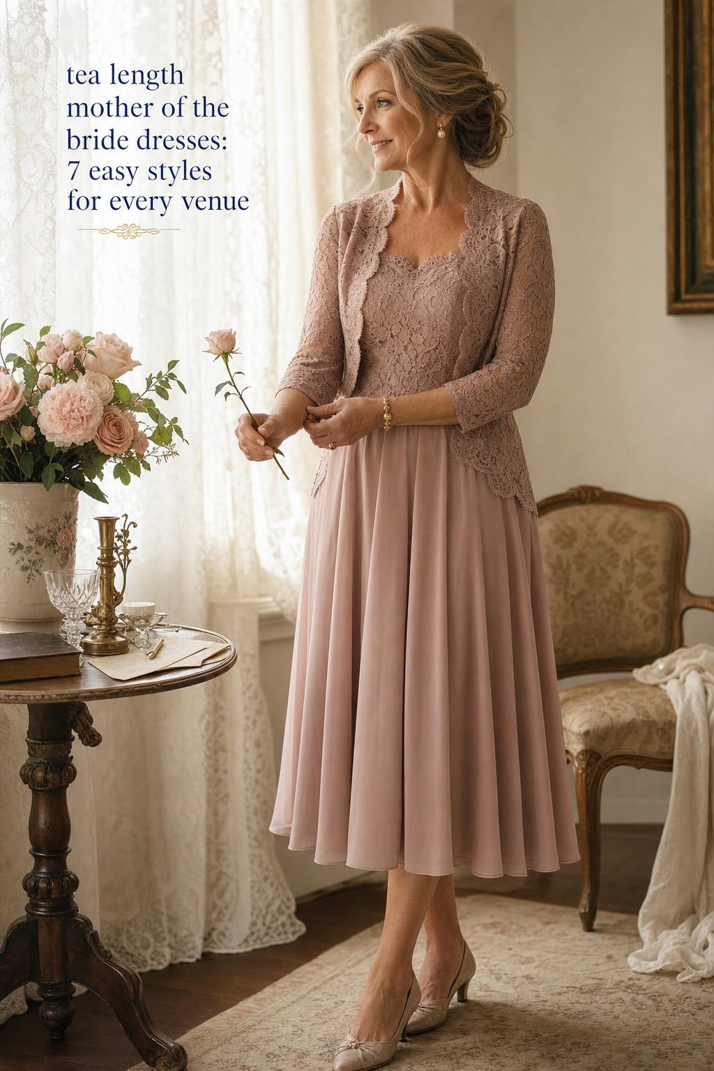 Elegant mature woman in tea length mother of the bride dresses, dusty rose lace chiffon, standing by a window in an antique room