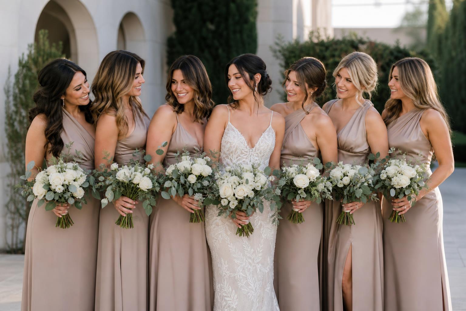Bridal party in taupe bridesmaid dresses with elegant satin and chiffon silhouettes in soft natural light