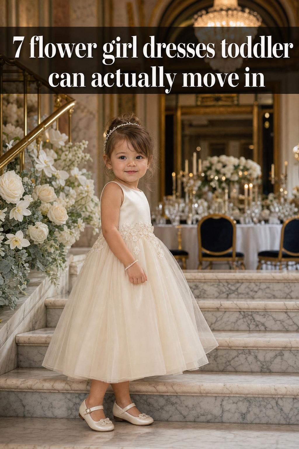 Toddler in flower girl dresses twirls in a white lace dress with tulle skirt at a wedding venue