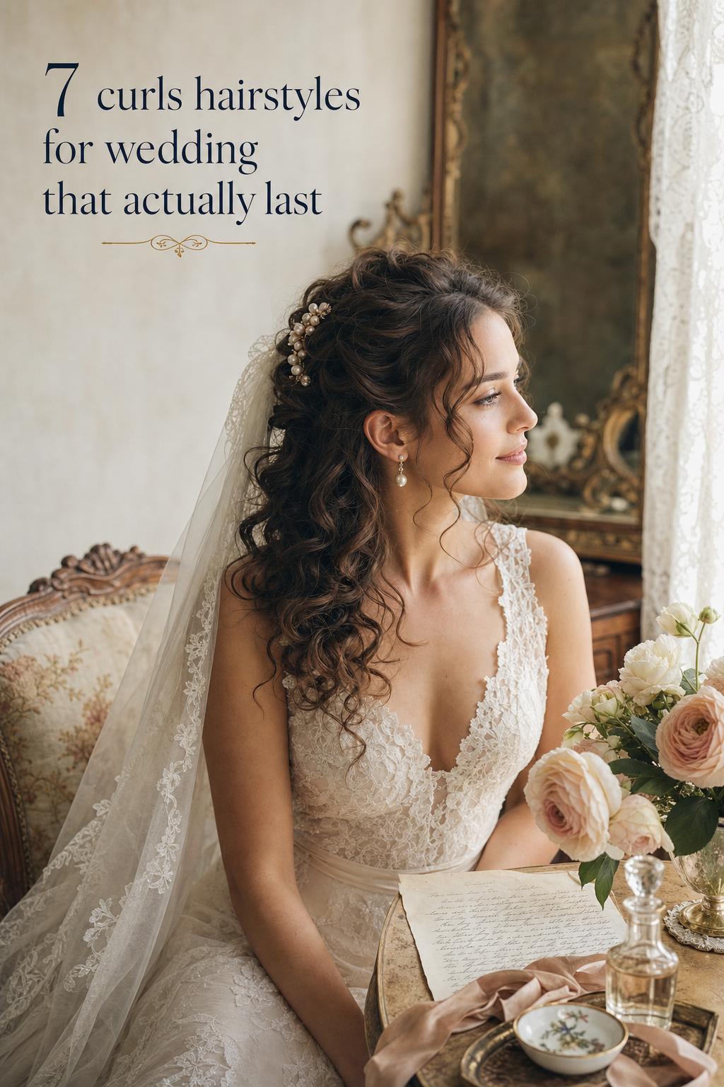 Bride by sunlit window with vintage half-up curls hairstyles for wedding, pearl hairpin and veil in antique interior