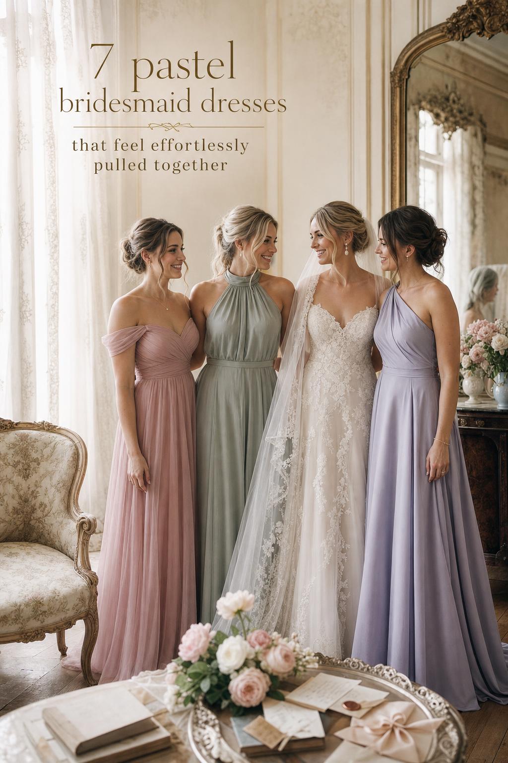 Pastel bridesmaid dresses in dusty rose, sage, blue and lilac beside bride in antique window-lit room