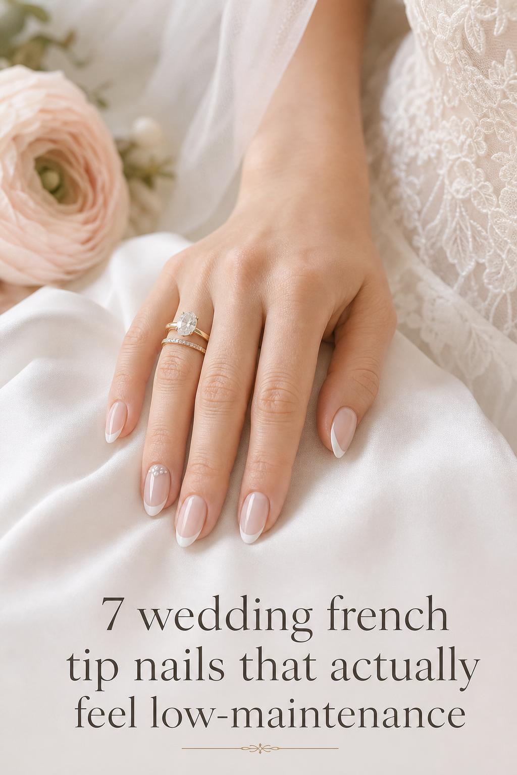 Close-up bride hand on ivory satin showing glossy wedding french tip nails with pearl accent and engagement ring