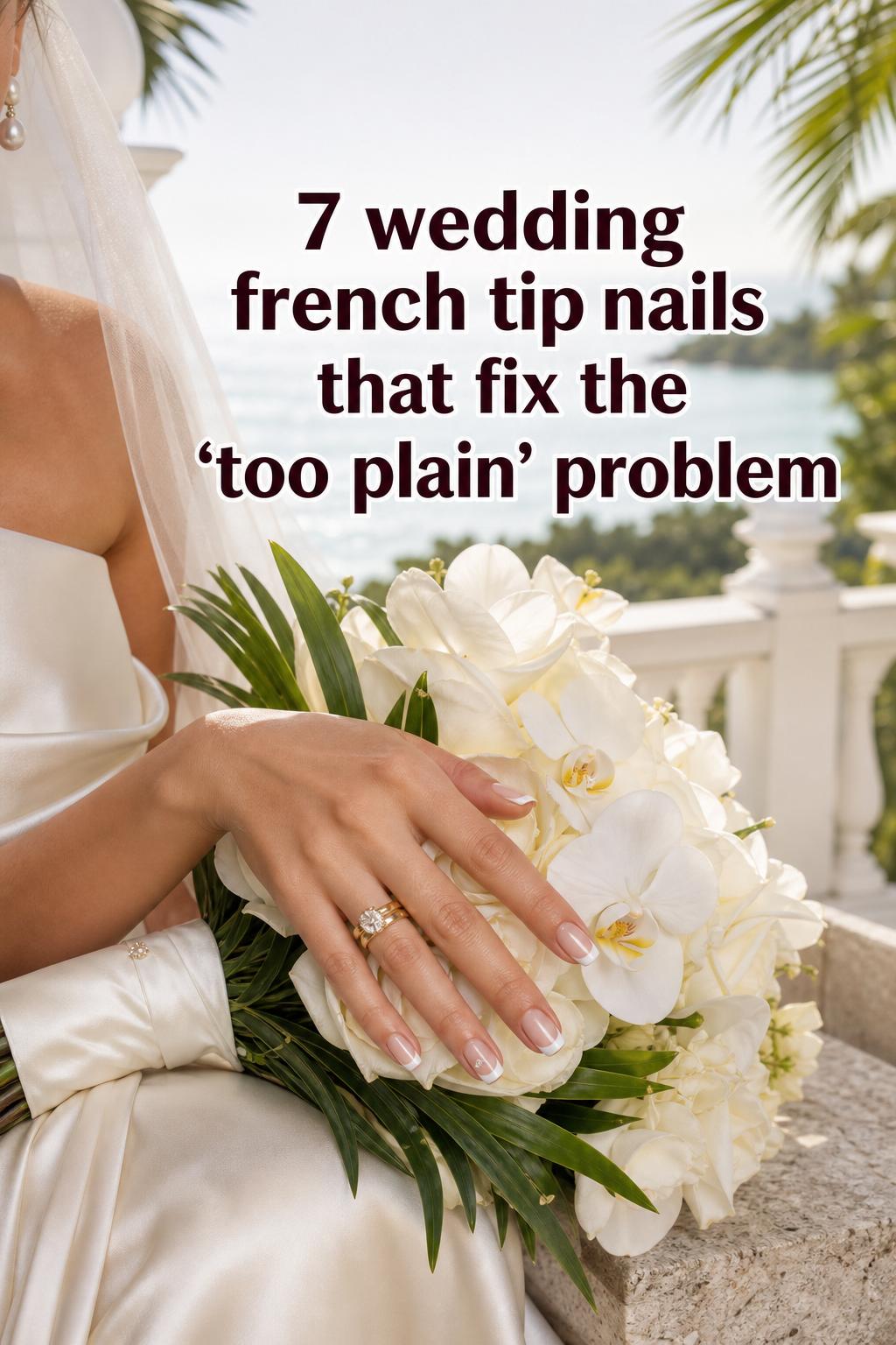 Bridal hands on ivory bouquet with rings and glossy wedding french tip nails at a tropical resort terrace overlooking the ocean