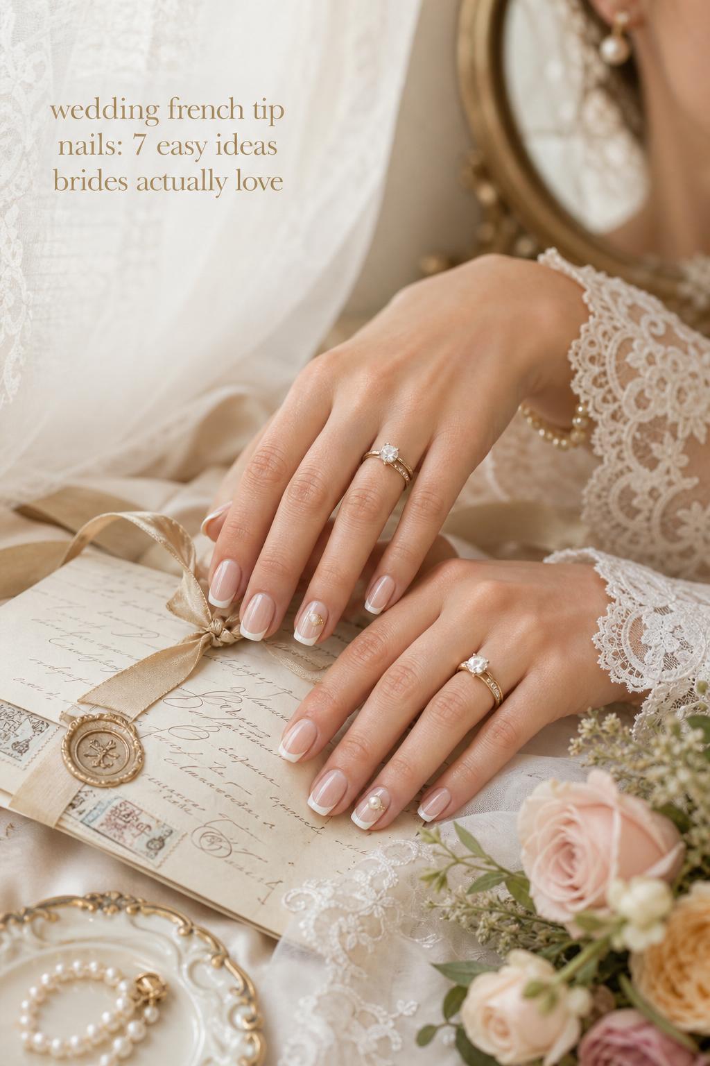 Wedding french tip nails close-up on bride’s hands with rings and invitation suite on ivory satin and lace veil