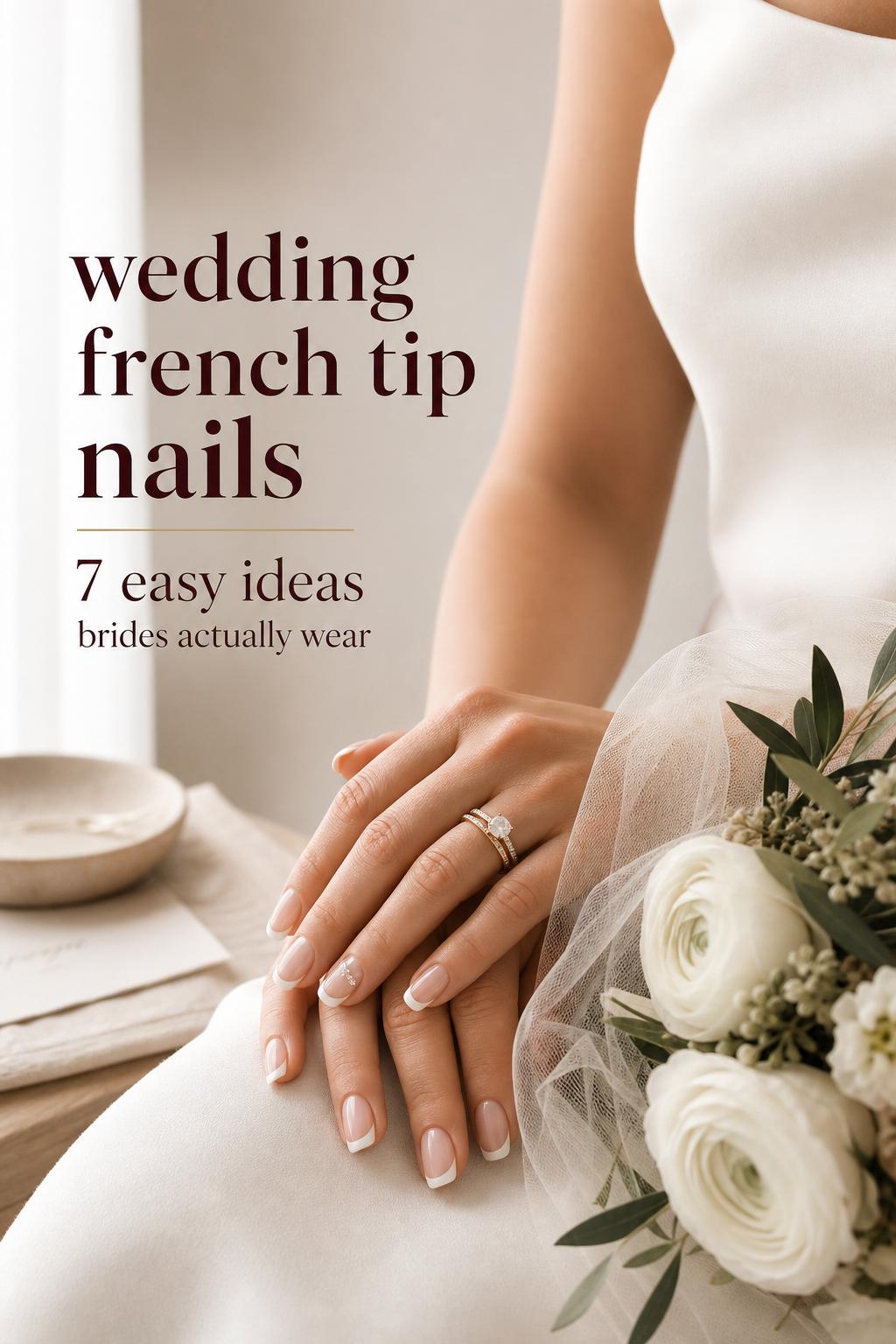 Wedding french tip nails close-up on bride hands with ivory silk, rings, and ranunculus by a bright Scandinavian window