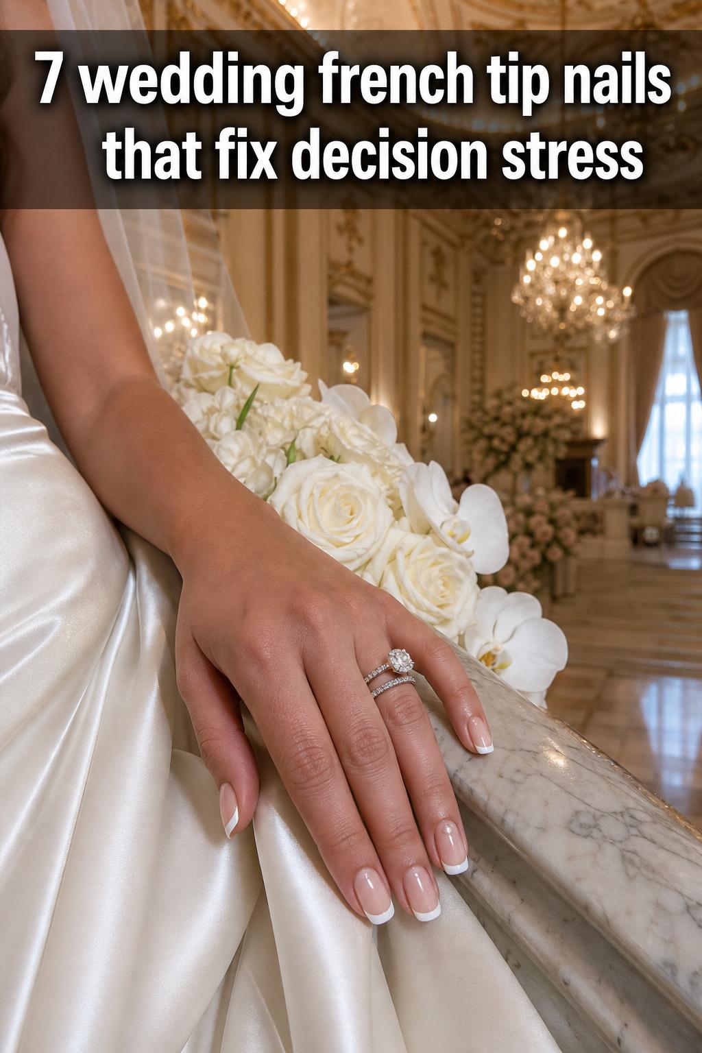 Wedding french tip nails with glossy nude base and crisp white tips in soft natural light