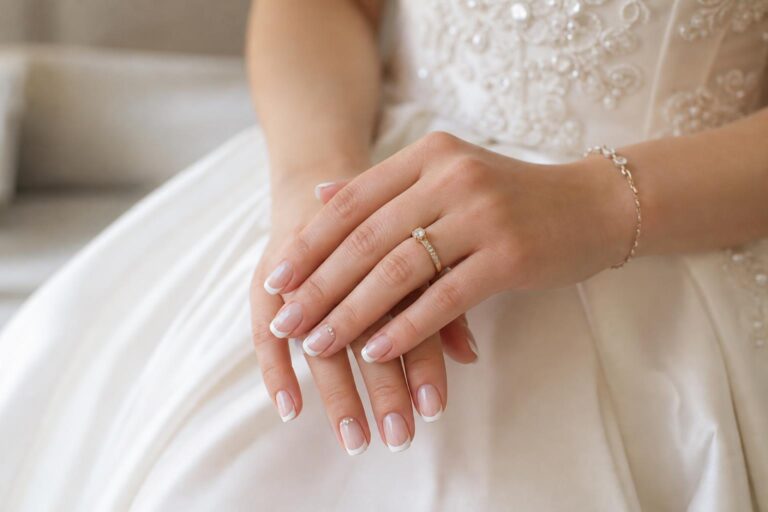 Wedding french tip nails with a sheer nude base and crisp white tips, glossy finish for a timeless bridal manicure
