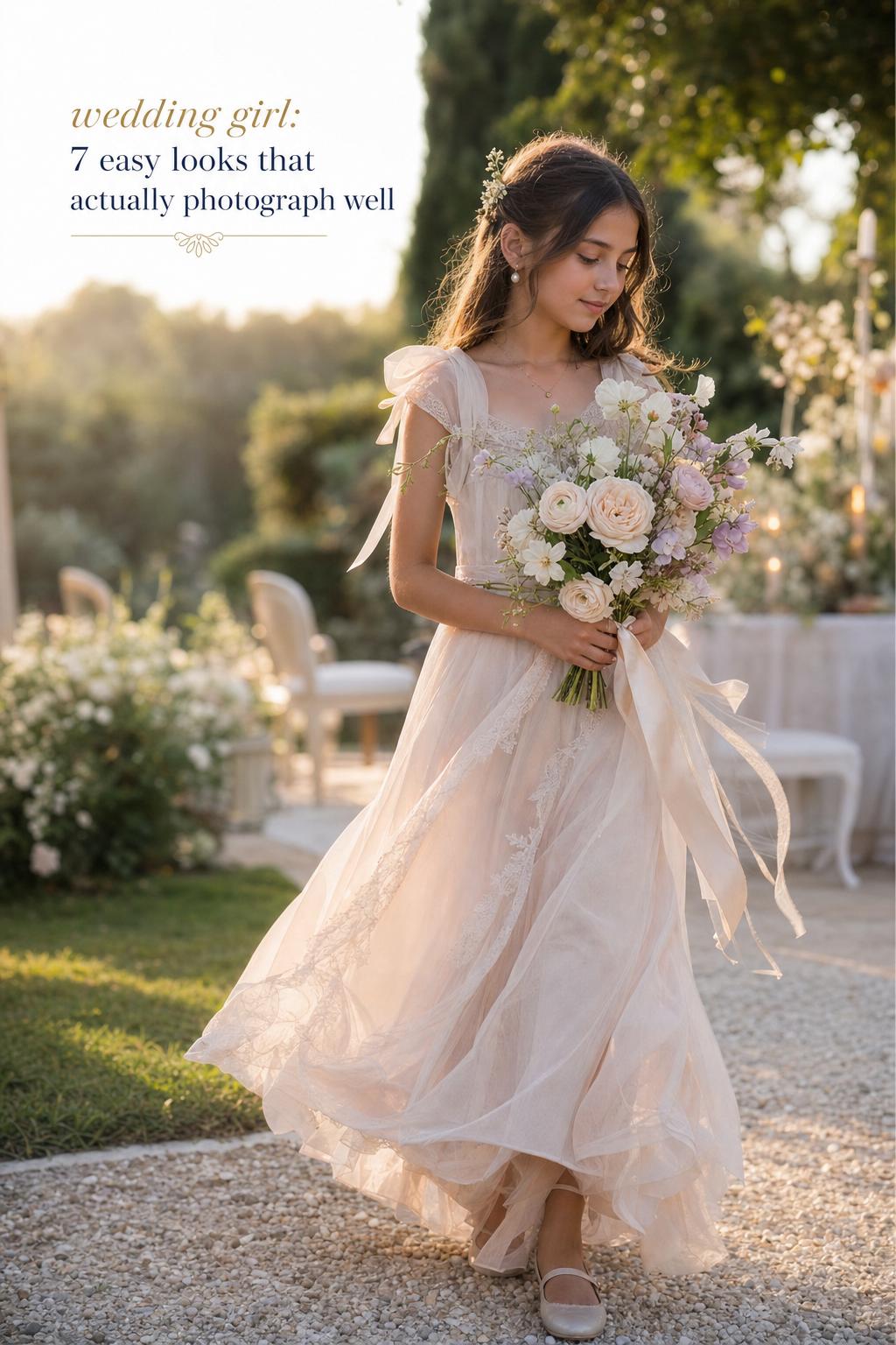 Wedding girl in blush-ivory chiffon dress holding garden rose bouquet in a sunlit garden wedding at golden hour