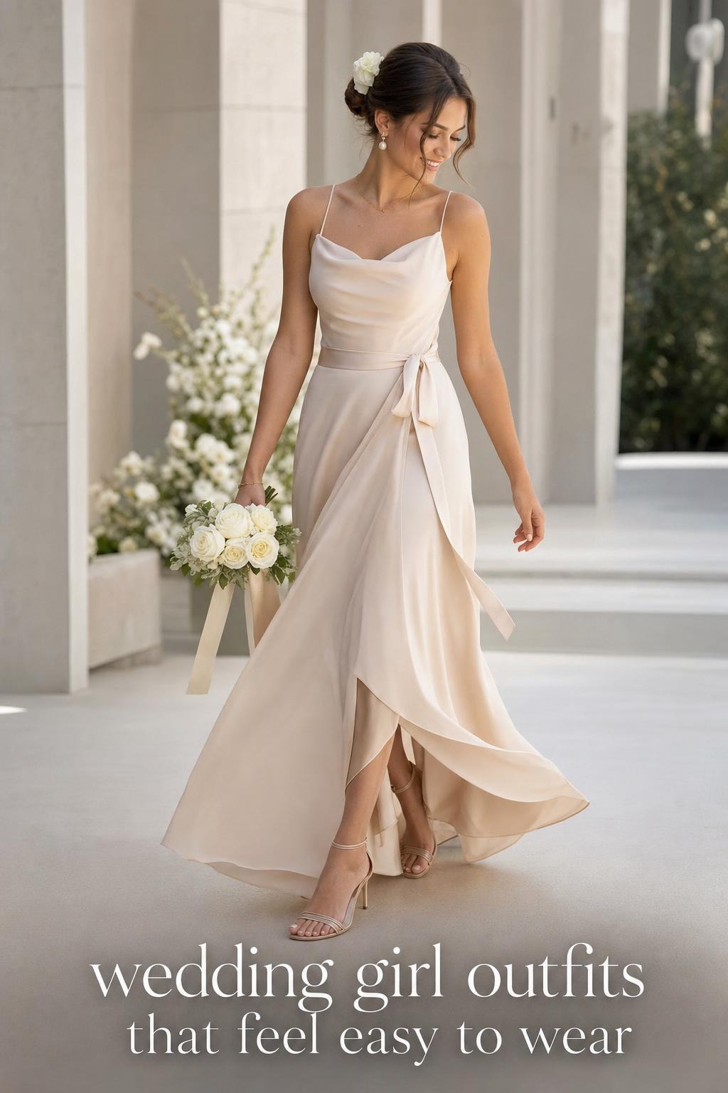 Wedding girl in flowing ivory minimalist dress with pearls, holding white roses in a bright modern garden terrace.