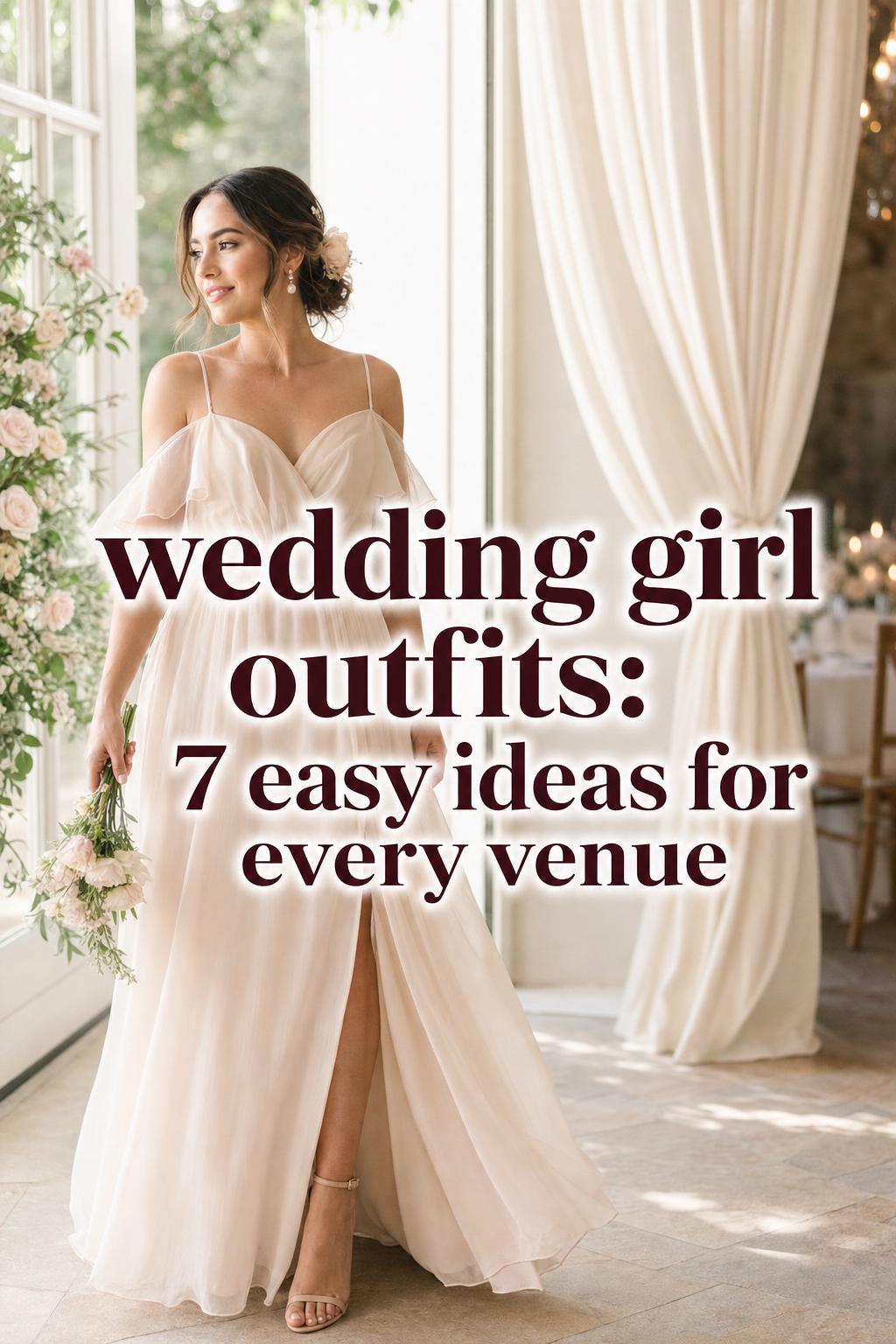 Wedding girl in an ivory-blush chiffon dress by French doors with garden light, styled with pearls and ribbon.