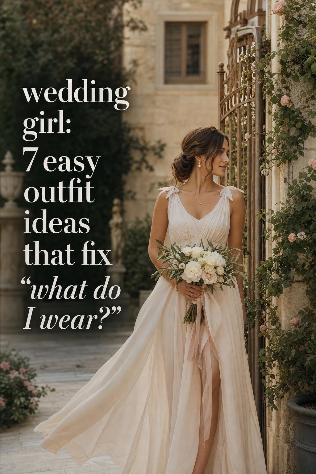 Wedding girl in an ivory chiffon dress holding white roses in a European villa garden courtyard, elegant and timeless.