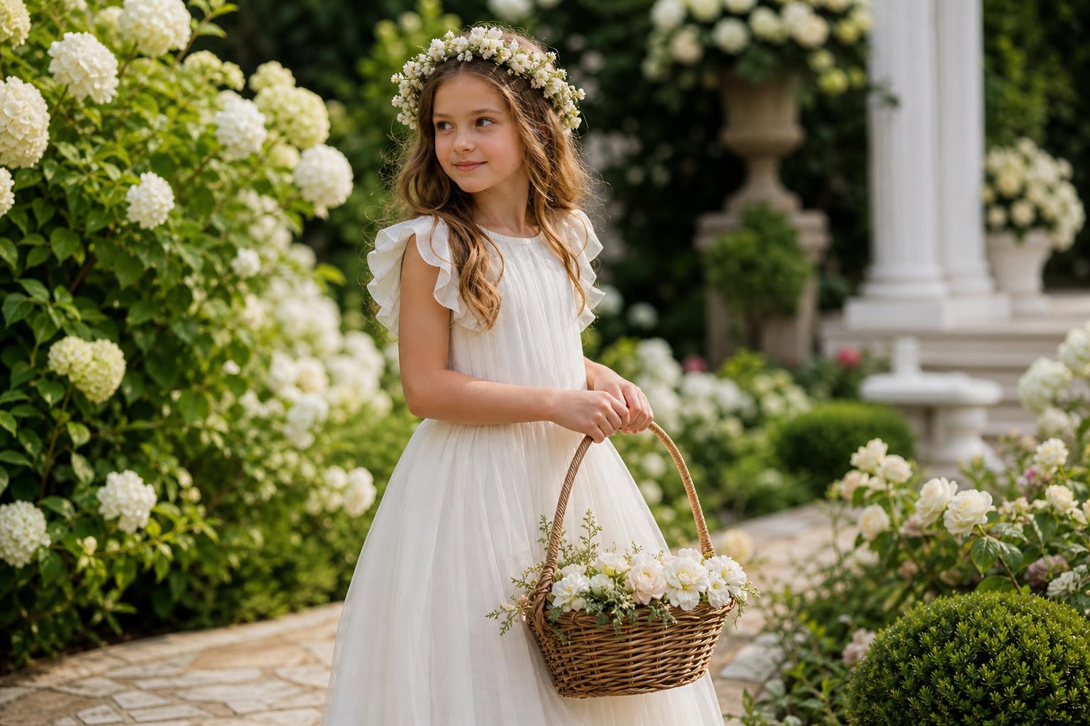 Wedding girl in a soft flowing dress with floral crown for garden beach and ballroom weddings