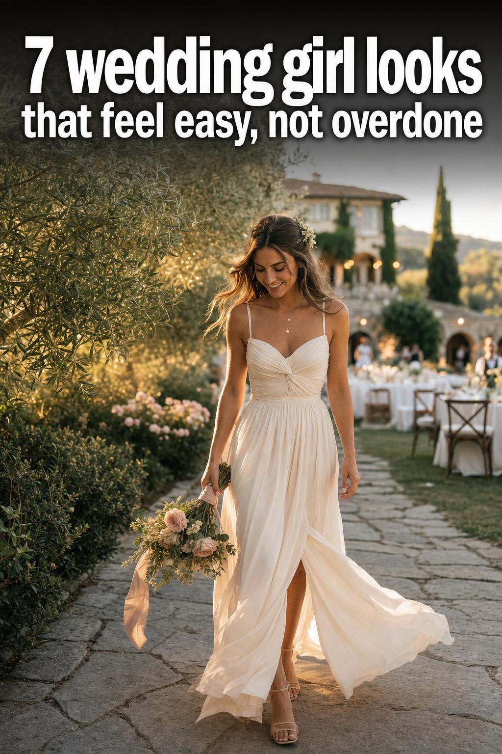 Wedding girl in a white dress holding a bouquet at an outdoor ceremony, smiling in natural light