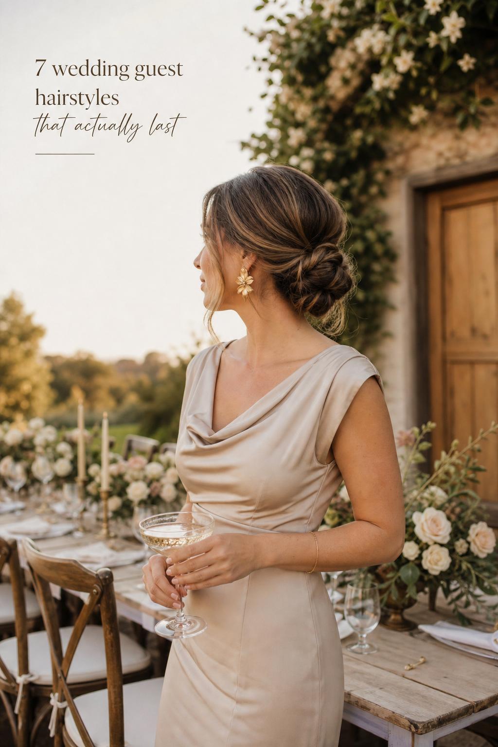 Wedding guest hairstyles: woman in a champagne dress with a sculpted low bun in a rustic vineyard wedding setting at golden hour