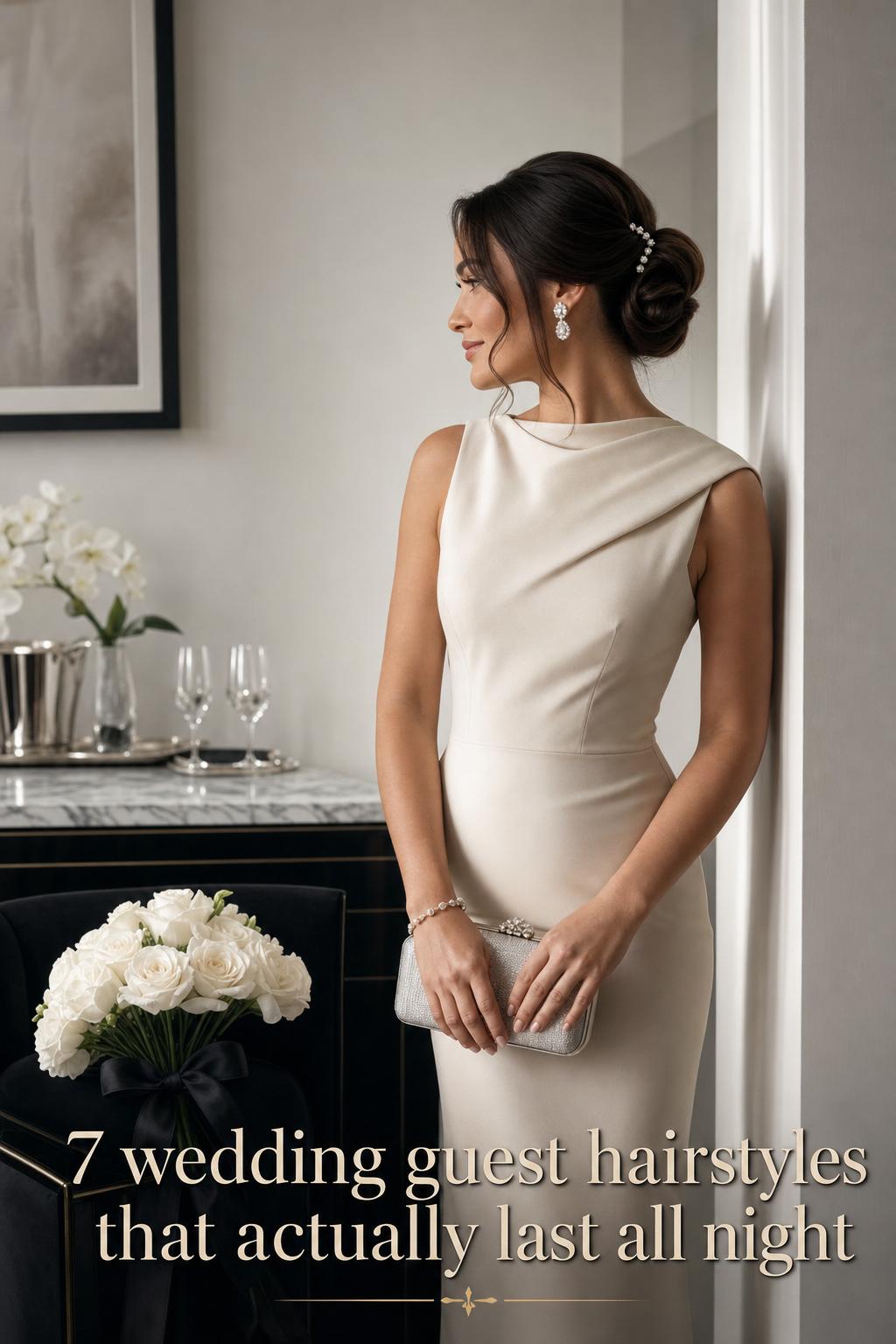 Wedding guest hairstyles with sculpted low bun, pearl pins and elegant ivory dress in a luxury hotel bridal suite