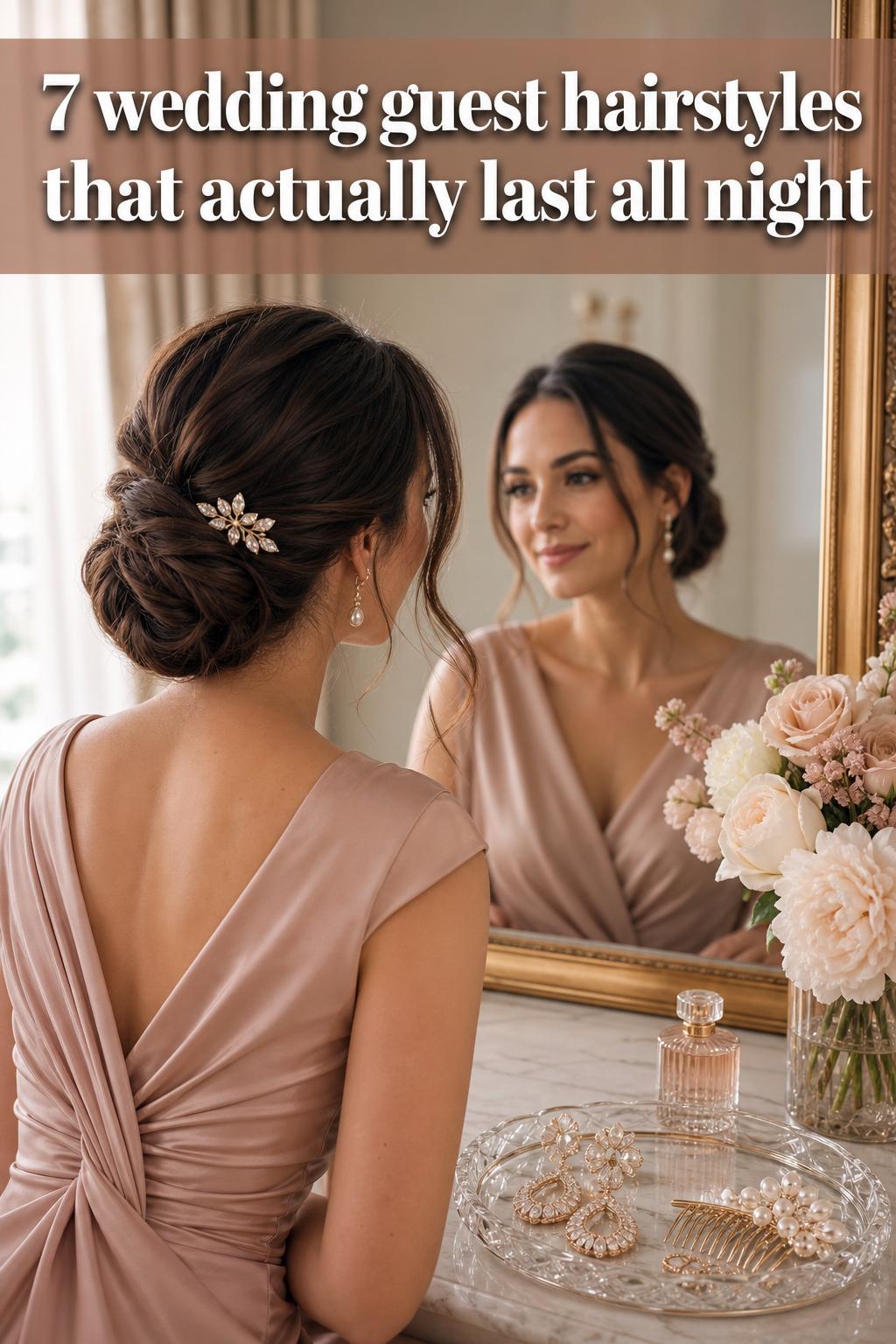 Wedding guest hairstyles featuring a soft low bun with loose curls and pearl pins in natural light