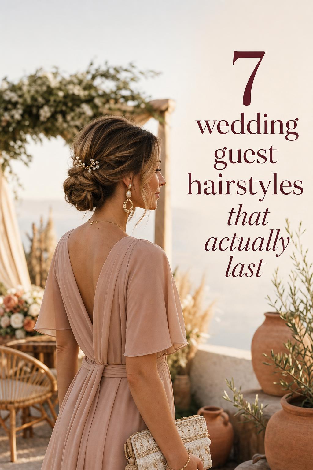 Wedding guest hairstyles inspiration featuring a twisted low bun with pearl hair pin at a boho luxe outdoor wedding