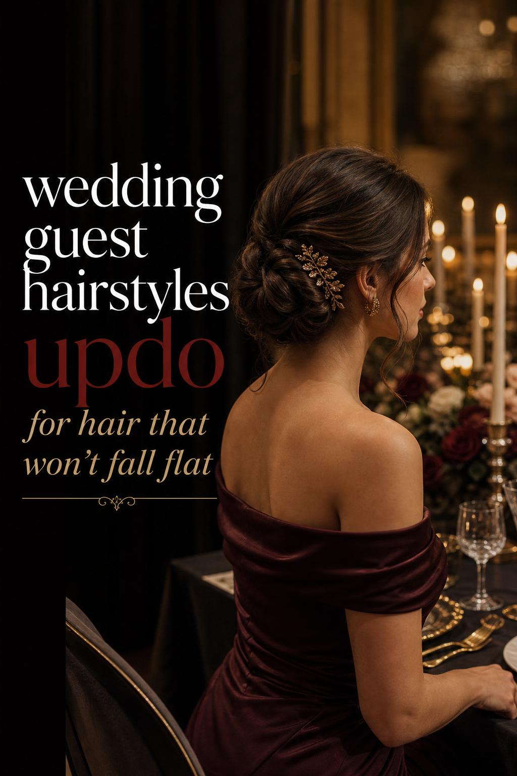 Wedding guest hairstyles updo on a guest with a polished low chignon in candlelit reception light, shown from behind