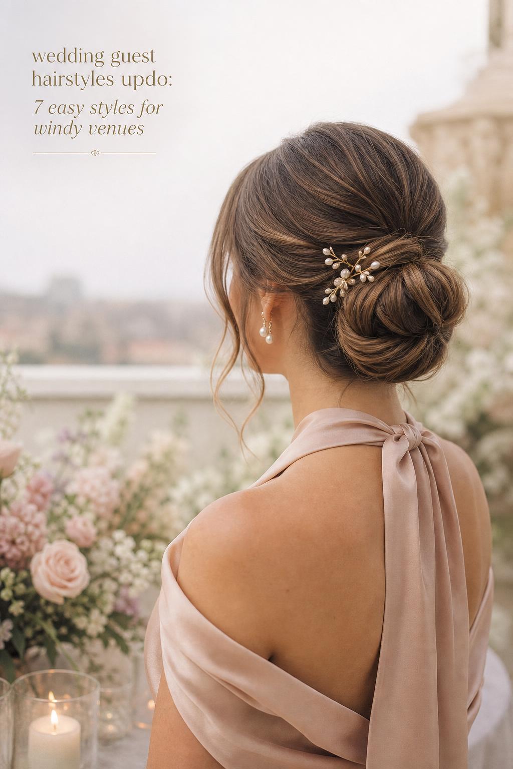 Wedding guest hairstyles updo with a sleek low chignon, pearl pin, and soft tendrils in airy romantic wedding light