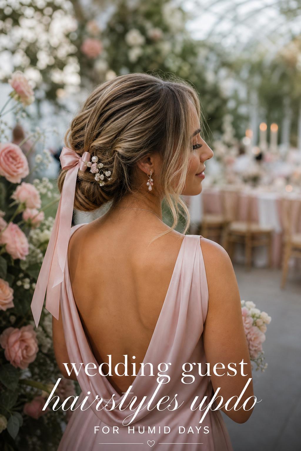 Wedding guest hairstyles updo: polished low chignon with ribbon and pearl accents in a soft garden wedding setting