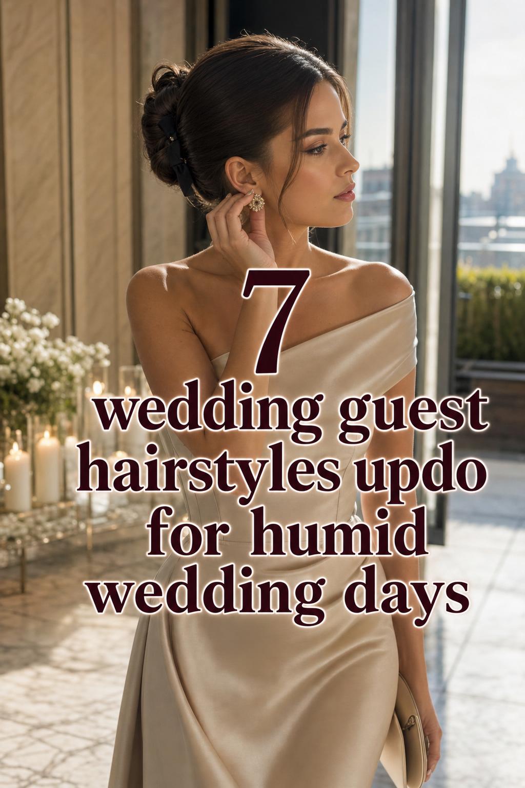 Wedding guest hairstyles updo with sleek low chignon and ribbon, elegant woman adjusting earrings in a luxury venue