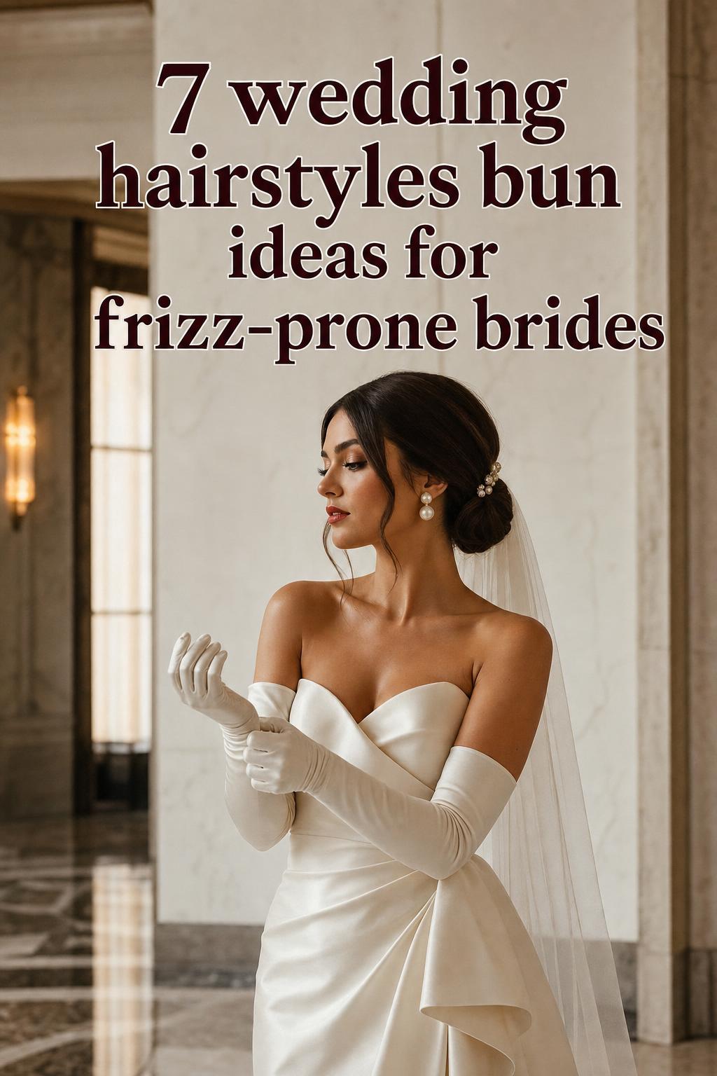 Wedding hairstyles bun on a modern bride with a polished low bun, pearl pins, and veil in a luxury marble hallway.