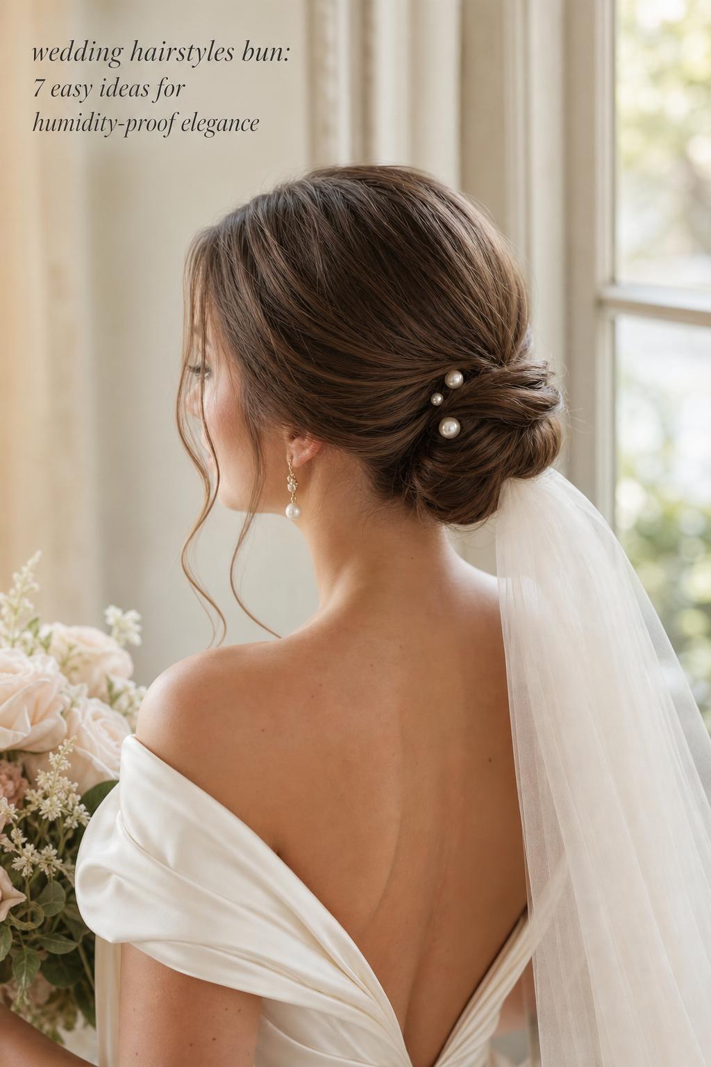Wedding hairstyles bun inspiration: bride in profile with a polished low bun, pearl pins and veil by a bright window