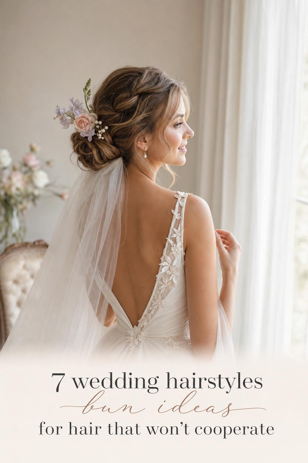 Bride by window showing elegant low wedding bun with pearl pins and veil, romantic wedding hairstyles bun inspiration