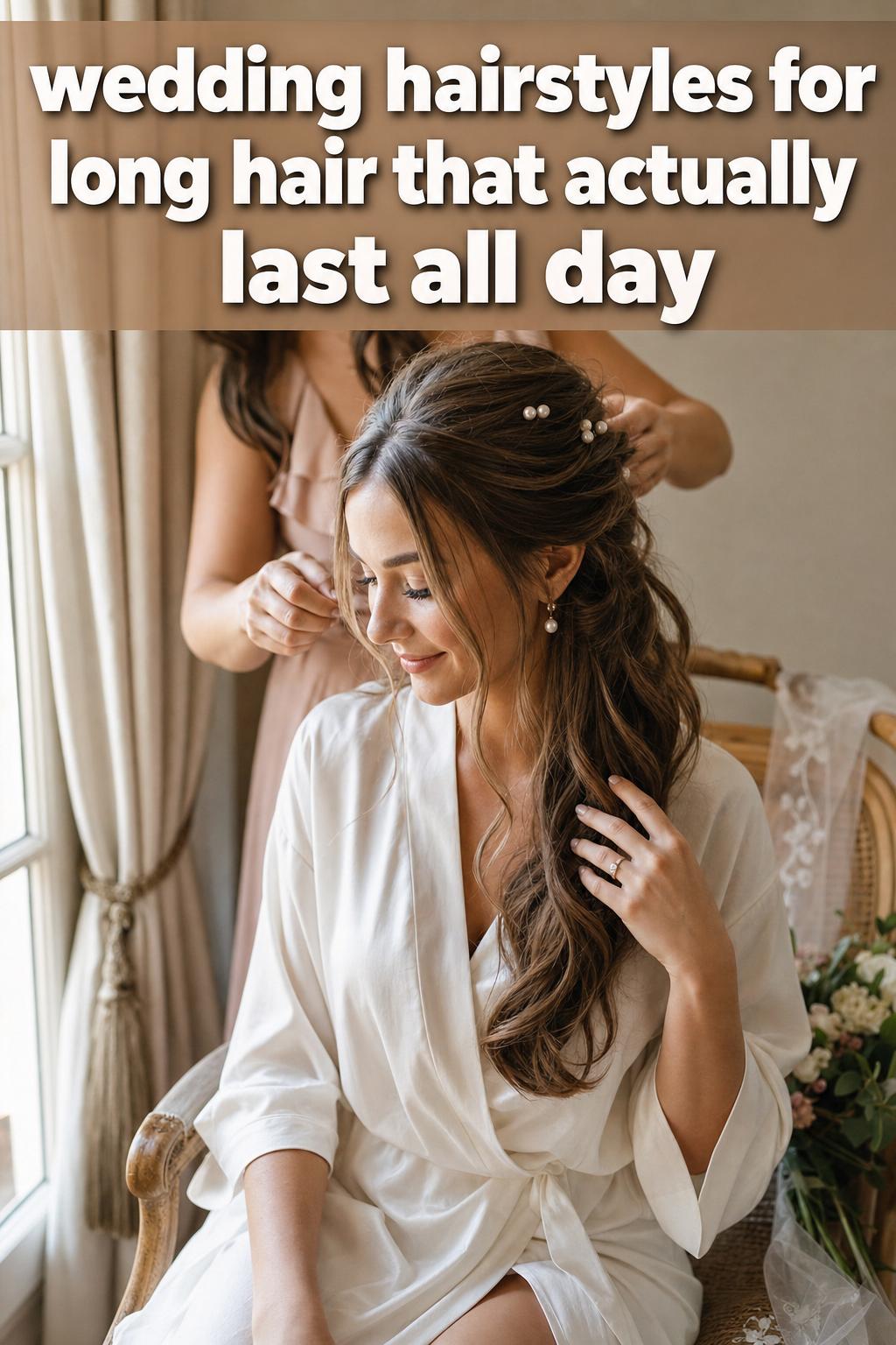 Bride with elegant wedding hairstyles for long hair in a soft updo with loose curls and floral pins