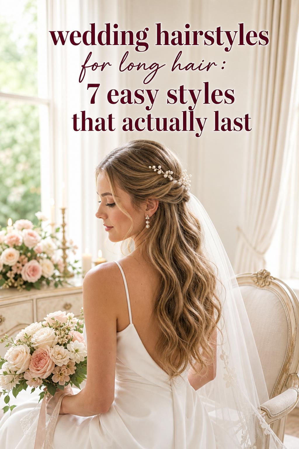 Bride with romantic half-up waves and pearl pins in bright bridal suite, wedding hairstyles for long hair text overlay