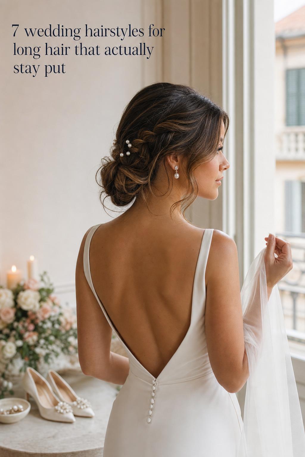 Wedding hairstyles for long hair shown on bride with polished low chignon, pearl pins, and veil by a sunlit window