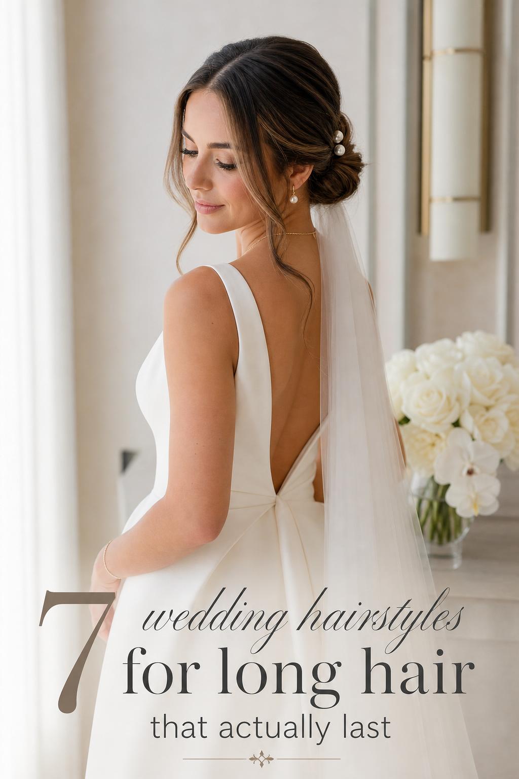 Bride with sleek low bun and pearl pins in a minimalist bridal suite, showcasing wedding hairstyles for long hair