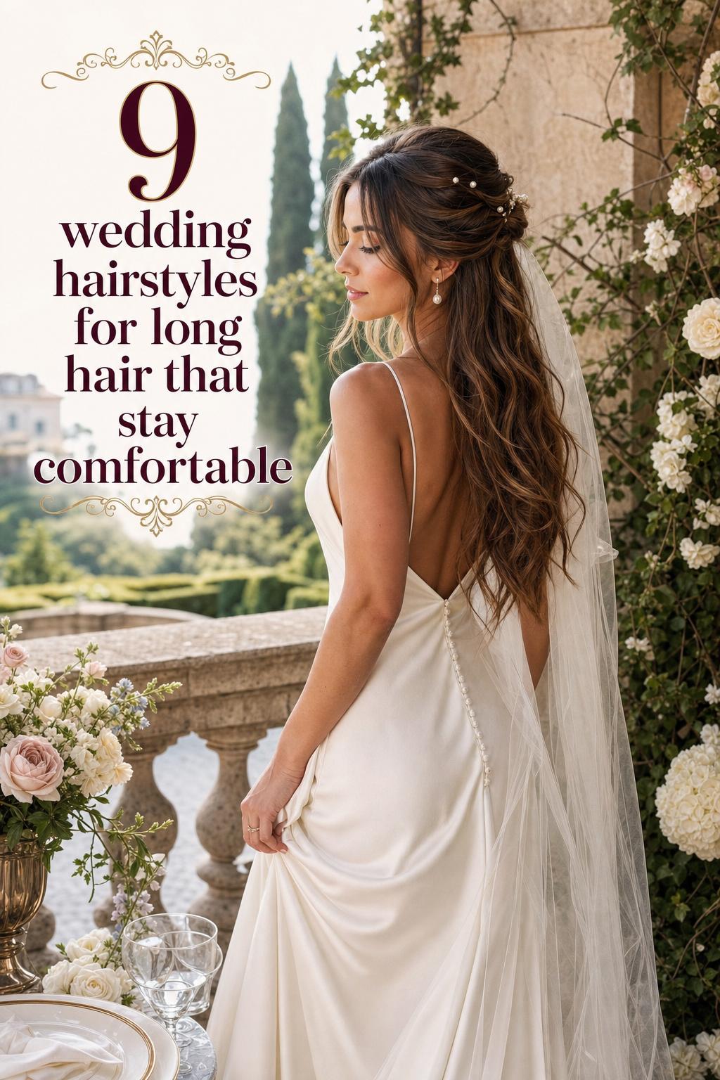 Bride on a villa terrace showcasing wedding hairstyles for long hair with half-up waves, pearl pins, and a soft veil