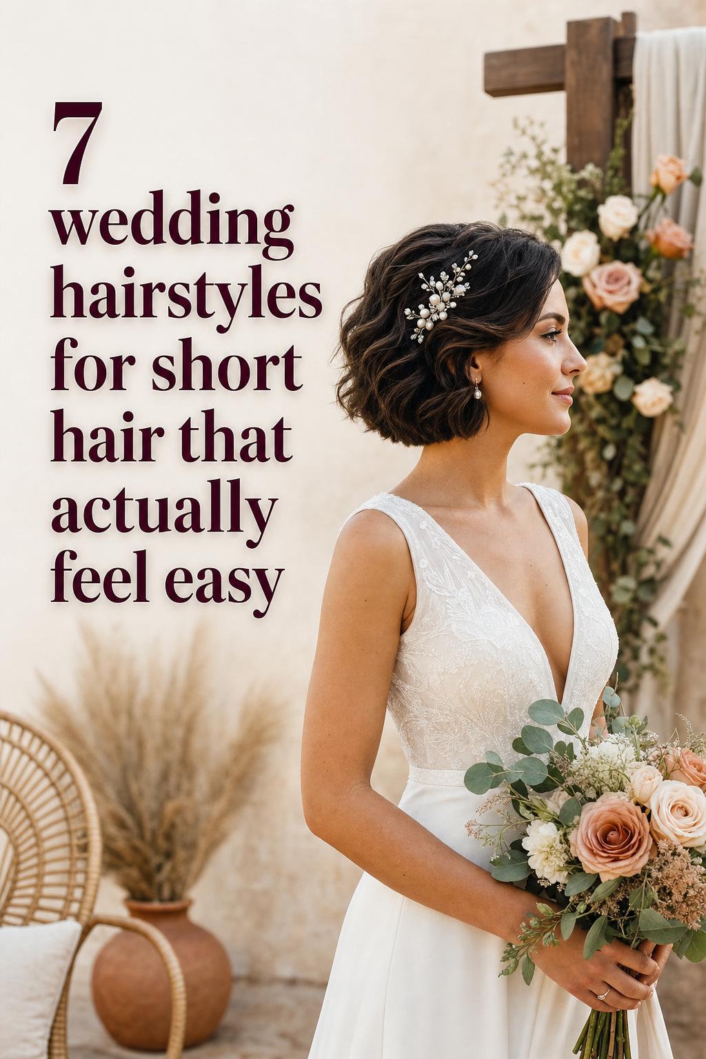 Bride with short wavy bob and pearl comb in boho garden setting, showcasing wedding hairstyles for short hair