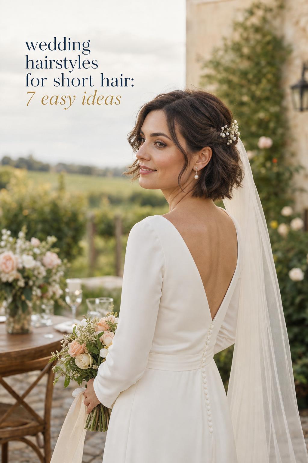 Wedding hairstyles for short hair on a bride with a half-up textured bob and pearl pin at a countryside estate vineyard