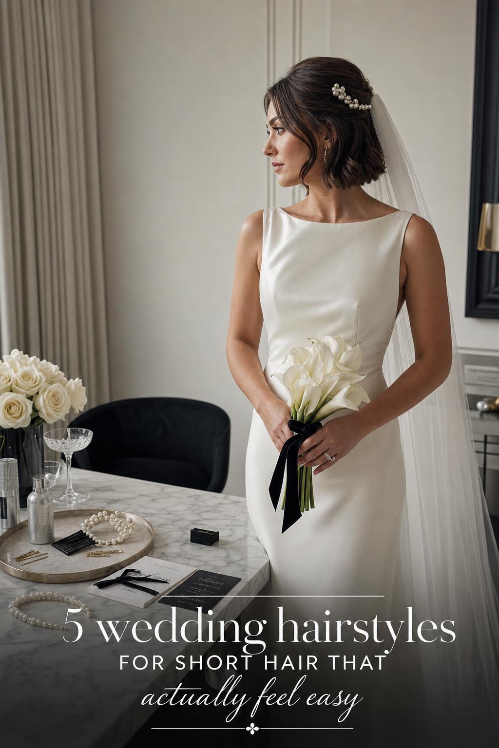 Bride in ivory gown with chin-length bob half-up style and pearl pins, showcasing wedding hairstyles for short hair in a luxury suite