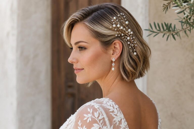 Wedding hairstyles for short hair with a sleek low bun, side part, and crystal pin for modern bridal elegance