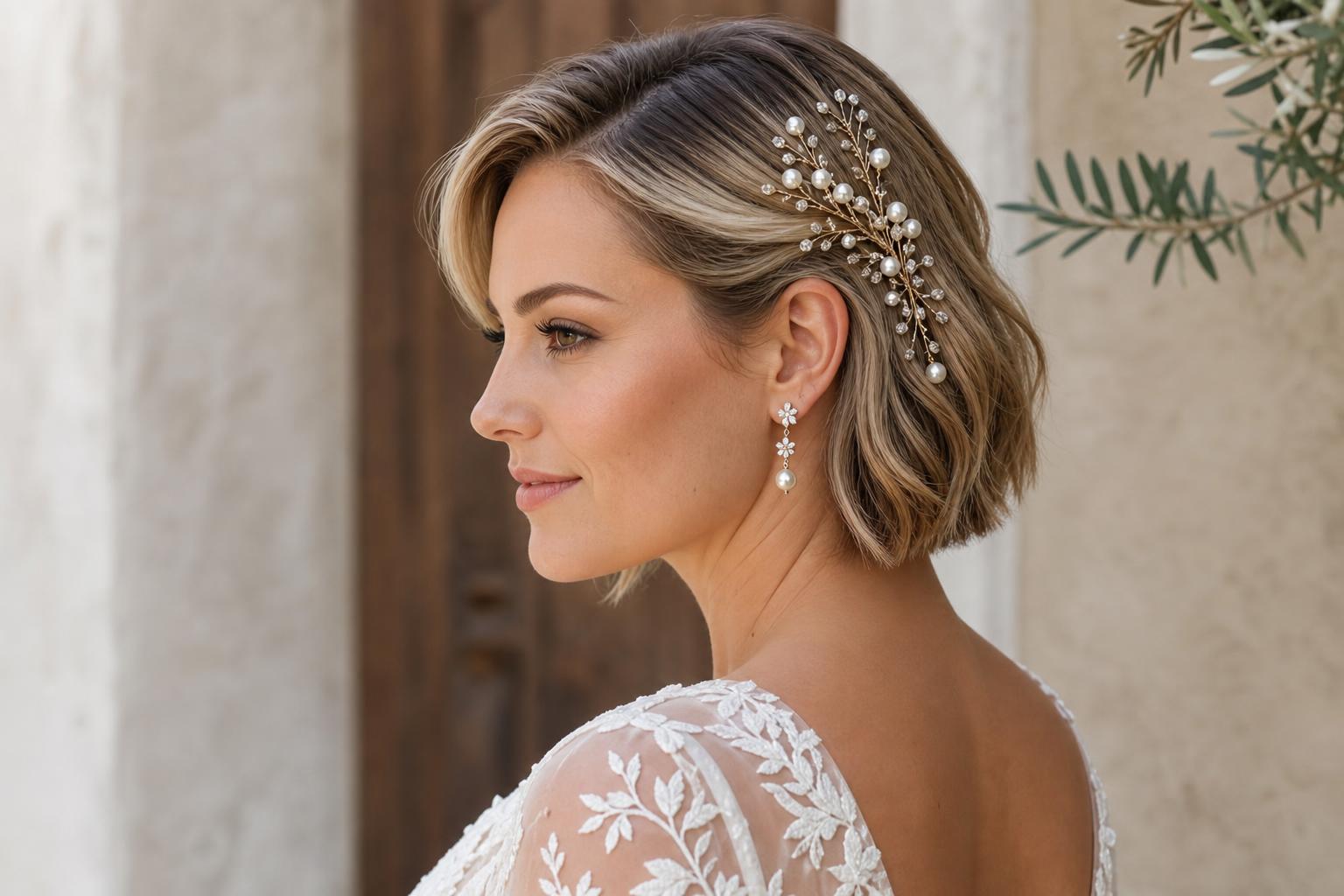 Wedding hairstyles for short hair with a sleek low bun, side part, and crystal pin for modern bridal elegance