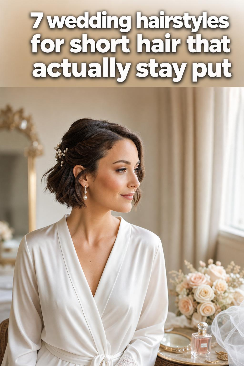 Wedding hairstyles for short hair with soft waves and a floral hairpin in a romantic bridal updo