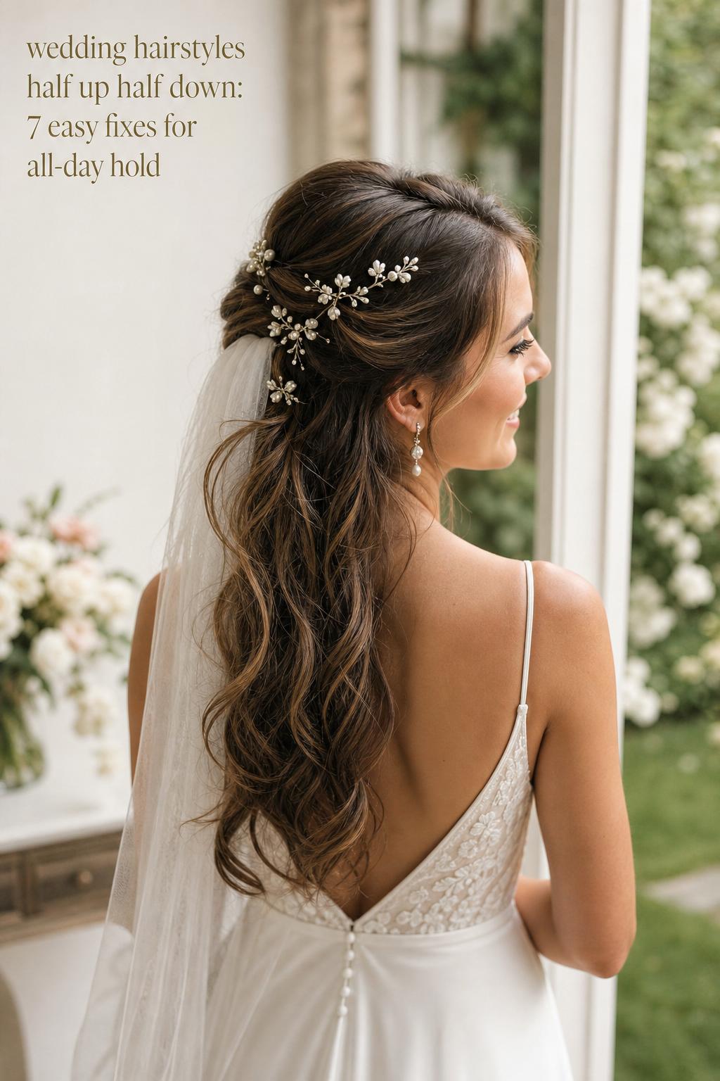 Bride by window showing wedding hairstyles half up half down with soft waves, pearl floral pins, and light veil ribbon detail