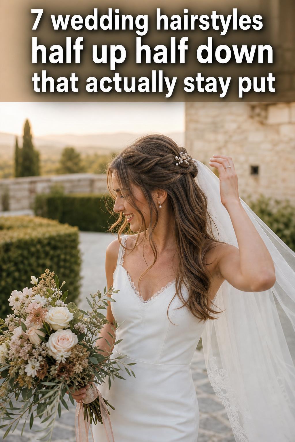 Bride with wedding hairstyles half up half down, softly curled hair and delicate floral pins in natural light