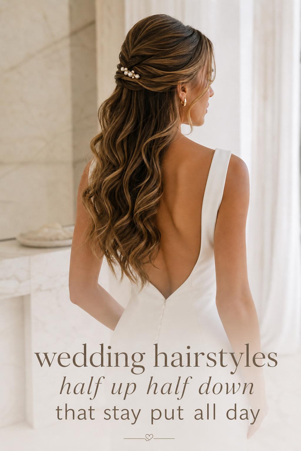 Bride in ivory gown with wedding hairstyles half up half down, soft waves and pearl pin in a bright minimalist bridal suite