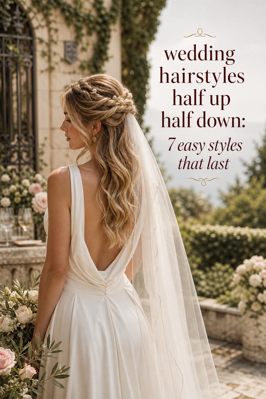 Bride at a European villa with pearl-pinned waves and veil, showcasing wedding hairstyles half up half down in soft daylight