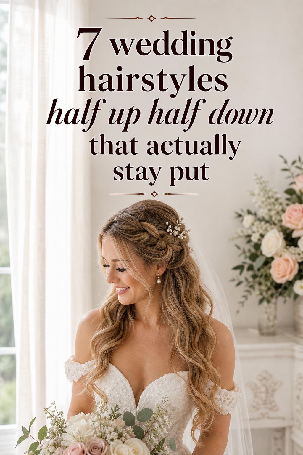 Bride in window-lit suite with pearl pin and wedding hairstyles half up half down, soft waves and veil in airy bridal light