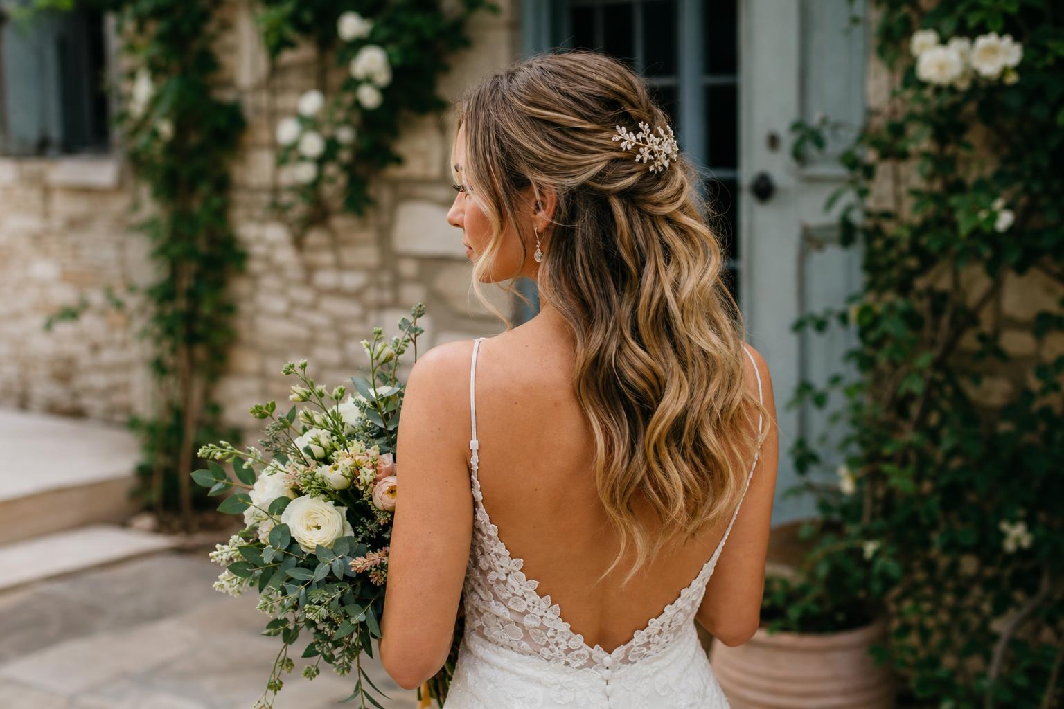Wedding hairstyles half up half down with soft crown twist, romantic waves, and delicate pearl pins in natural light