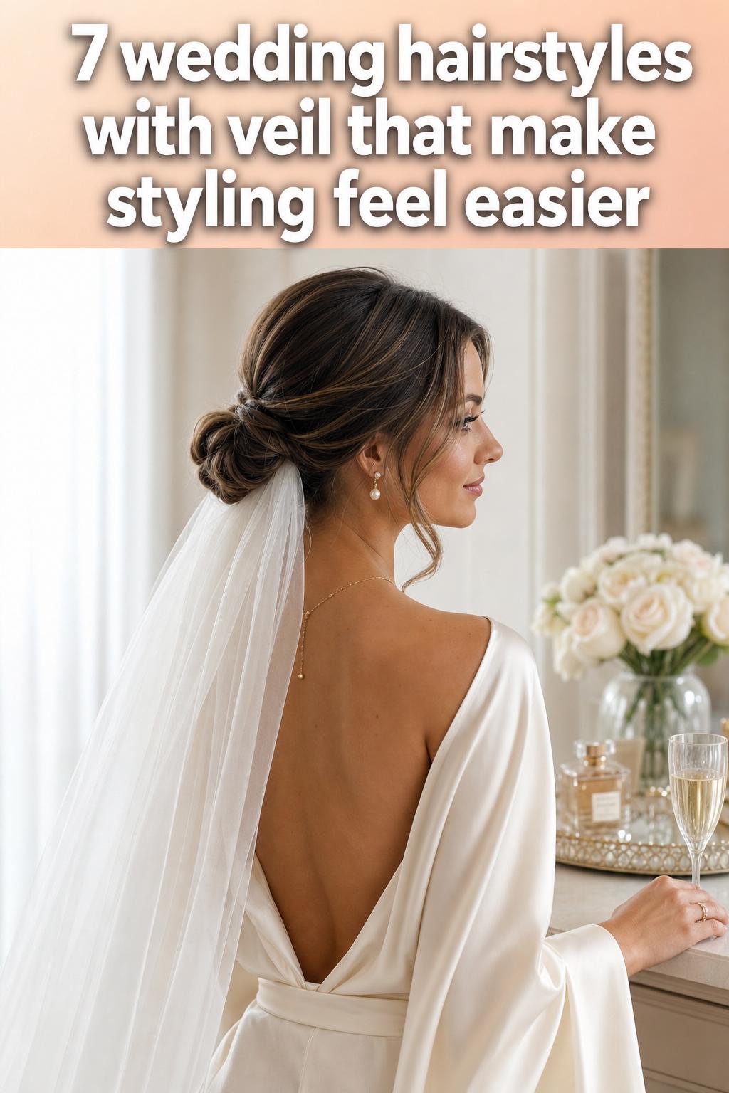 Bride wearing wedding hairstyles with veil, elegant updo and soft curls in natural light